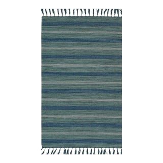 5x8 Blue Flat Weave Wool Bamboo Silk Coastal Horizon Striped Modern Carpet Rug For Sale