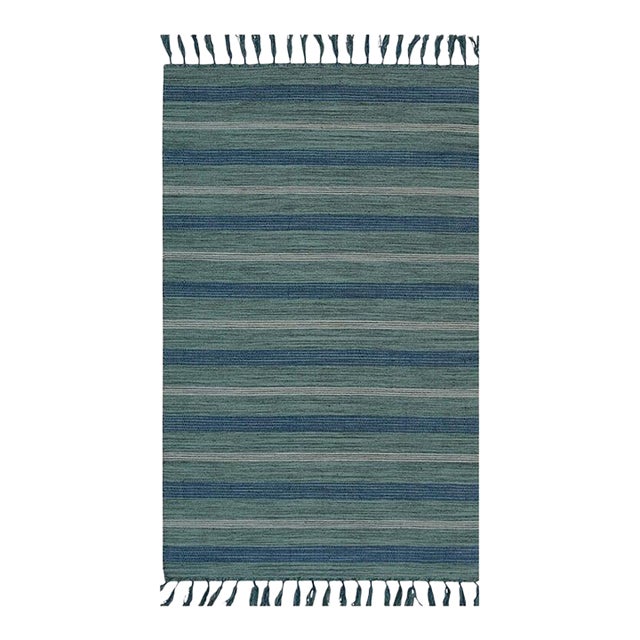 5x8 Blue Flat Weave Wool Bamboo Silk Coastal Horizon Striped Modern Carpet Rug For Sale
