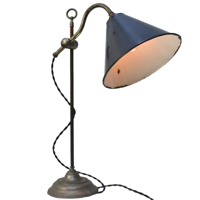 British blue enamel and nickel plated brass desk light 2,5 meter black cotton flex, plug and switch Available with UK / US...