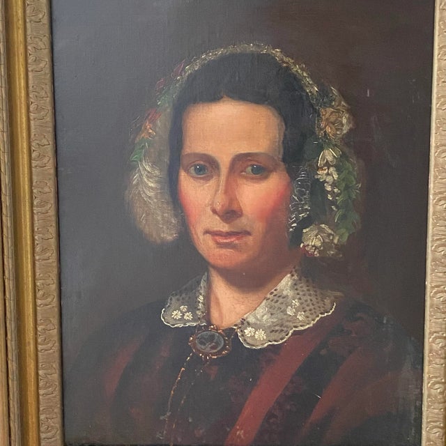 Antique 19th Century American Folk Portrait of Woman in Lace Cap, Original Oil on Canvas For Sale - Image 10 of 12