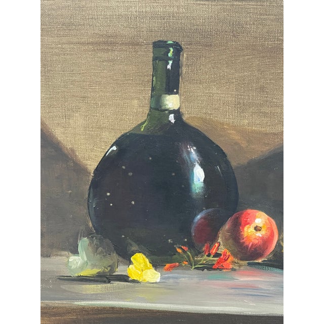 Vintage Still Life Oil Painting With Bottle, Ceramic Pitcher and Apple on Canvas Board For Sale In Seattle - Image 6 of 10