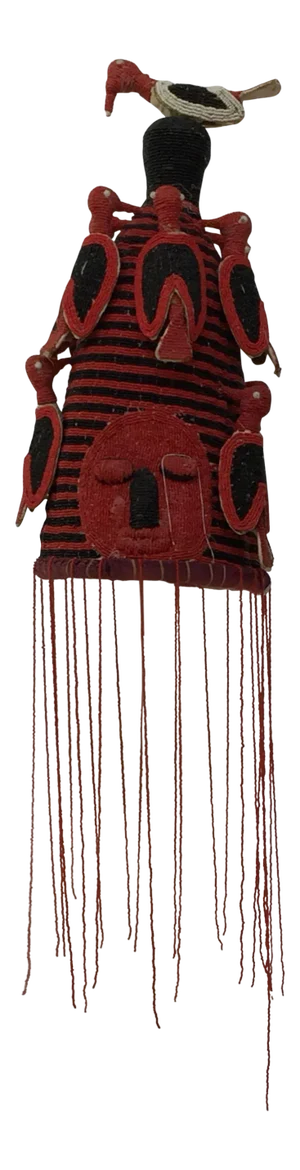 Yoruba Nigeria African Red Royal Beaded Headdress Crown on Lucite Stand