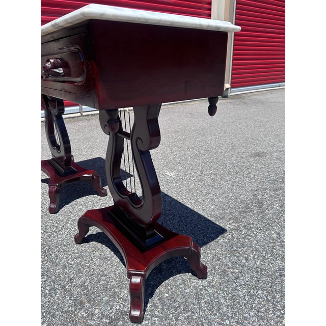 1950s Pair of Vintage Kimball Marble Top Lyre Pedestal End Tables For Sale - Image 5 of 9