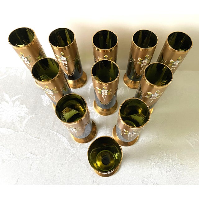 1950s Mid-Century, Blown Glass Cocktail Glasses, Salviati Murano Attributed, Green & Gold, Cylindrical Shape, Short Stem- Set of 11 For Sale - Image 11 of 17