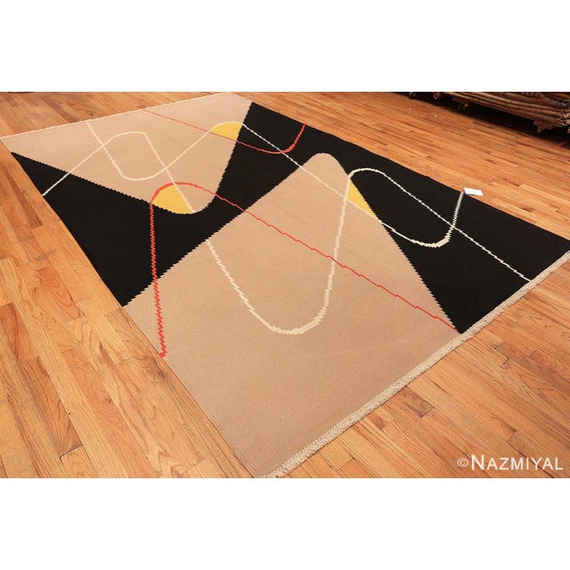 A Beautifully Artistic Black And Cream Colored Flat Woven Vintage French Art Deco Rug, Country Of Origin / Rug Type:...