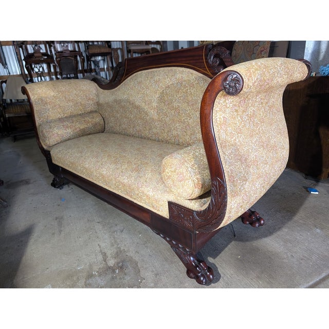 Beige Antique American Empire Mahogany Settee With Scrolled Arms and Claw Feet For Sale - Image 8 of 17
