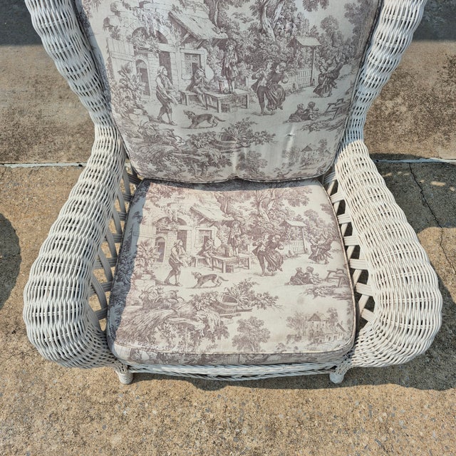 Ficks Reed Late 20th Century Vintage White Wicker Large Wingback Lounge Chair W/ Toile Cushions For Sale - Image 4 of 15