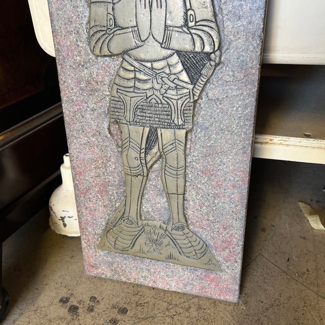 Gothic Vintage Medieval Knight Faux Stone Brass Rubbing Style Wall Plaque For Sale - Image 3 of 5