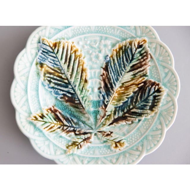 A lovely antique 19th-Century Swedish chestnut leaf majolica dessert plate produced by the renowned Rörstrand company, one...