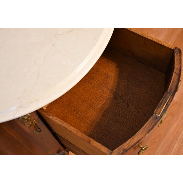 1910 Pair of Antique French Louis XV Walnut & Satinwood Inlay Marble Top Nightstands For Sale - Image 15 of 15