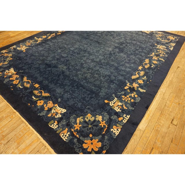 1920s 1920s Antique Wool Allover Floral Rectangle Blue Hand Knotted Pile Peking Rug For Sale - Image 5 of 10