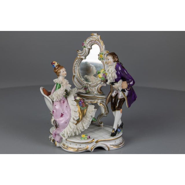 German Rococo Porcelain Figurine Couple at a Dressing Table, 1950s For Sale - Image 16 of 18