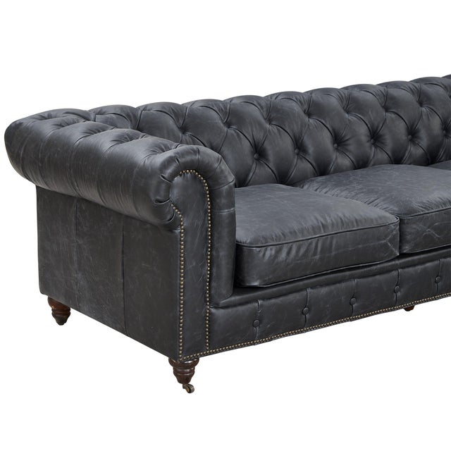 American Duplicate Crafters and Weavers Slate Leather Century Chesterfield Sofa For Sale - Image 3 of 5