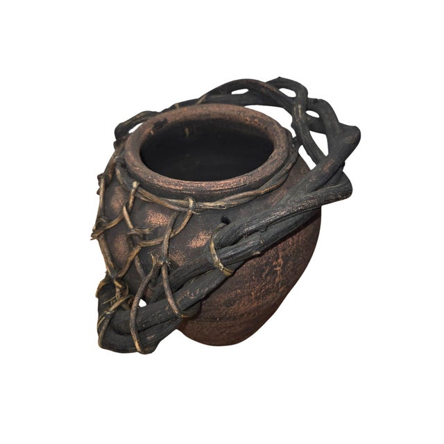 Mid 20th Century Handmade Rustic Clay Vase W/ Woven Vine Basket | Primitive Boho Decor | Unique For Sale - Image 10 of 15