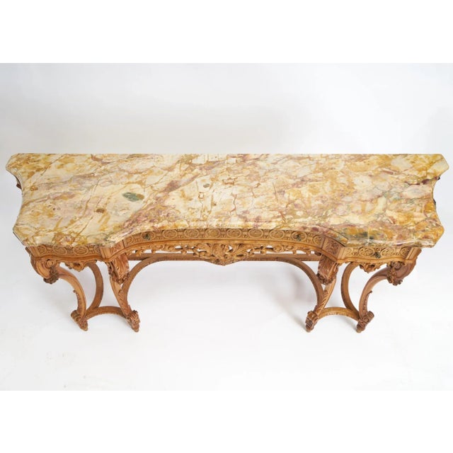 English Antique English Hand-Carved Oak Wood Marble Top Continental Console Table For Sale - Image 3 of 12