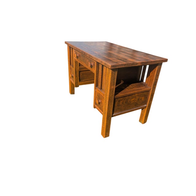 Antique Mission Style Quartersawn Oak Desk | Arts & Crafts Era Kneehole Library Writing Table For Sale - Image 9 of 17