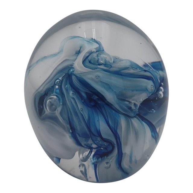 Signed Vintage Handblown Glass Paperweight With Blue & White Ribbon Swirl, 2003 For Sale