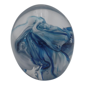 Signed Vintage Handblown Glass Paperweight With Blue & White Ribbon Swirl, 2003