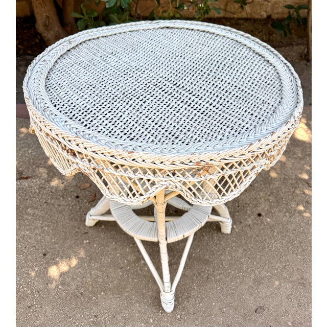 Vintage White Wicker and Rattan Side Table With Scalloped Skirt For Sale - Image 9 of 15