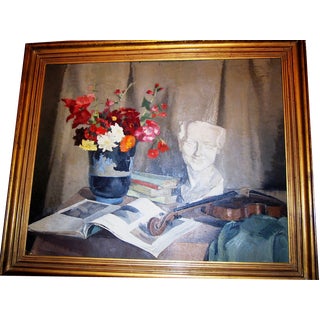 Reine Virely, Still Life of Flowers with Sculpture and Violin, Oil on Panel, 1937 For Sale
