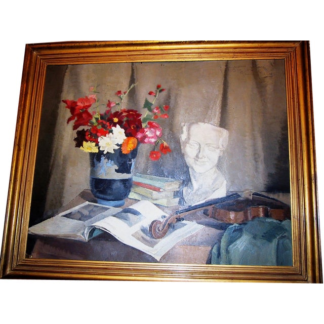 Reine Virely, Still Life of Flowers with Sculpture and Violin, Oil on Panel, 1937 For Sale
