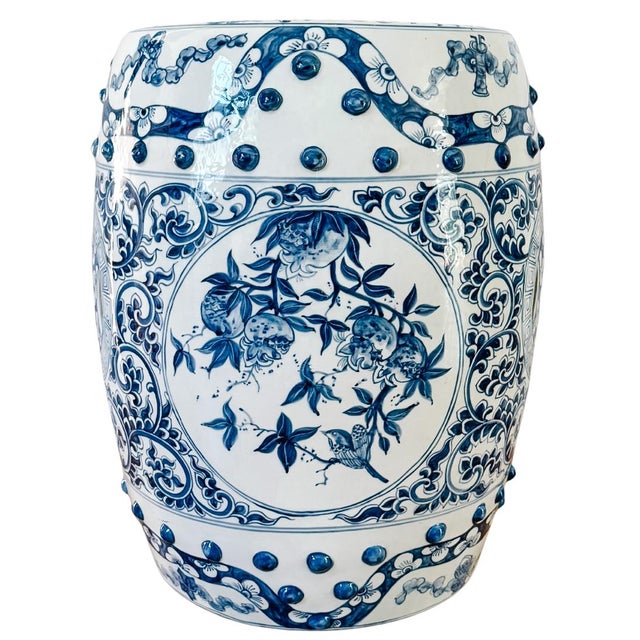 Chinoiserie Vintage Blue & White Chinoiserie Porcelain Garden Stool With Double Coin & Floral Medallions For Sale - Image 3 of 7