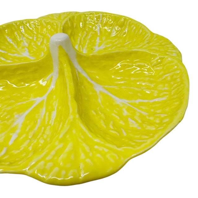 1970s Vintage Attributed to Secla Yellow Cabbage Leaf Majolica Divided Serving Dish For Sale - Image 5 of 11