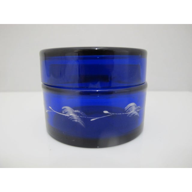 Mary Gregory Cobalt Blue Glass Enamel Painted Girl With Flower Round Trinket Box For Sale - Image 9 of 14