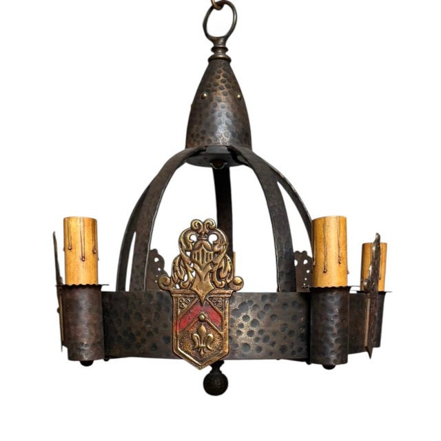 Brass 1920s Bronzed Iron and Brass Knight and Fleur De Lis Chandelier For Sale - Image 8 of 8