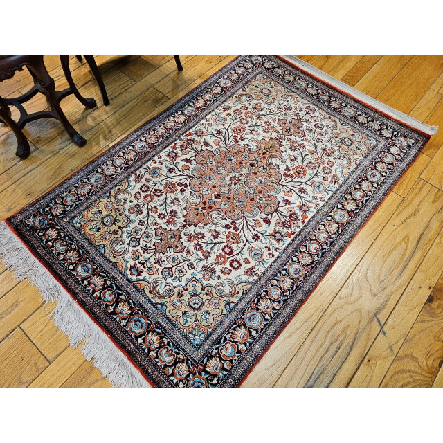 Vintage Persian Qum Area Rug, Hand-Knotted Silk, Floral Pattern, Ivory & Navy, 3x5 For Sale - Image 10 of 18