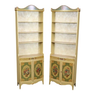Paint Decorated Gilded Venetian Style Open Bookcases of Shallow Depth - A Pair For Sale