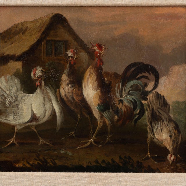 Original on canvas painting of a barnyard scene with three hens and a rooster with thatched roof house in background....