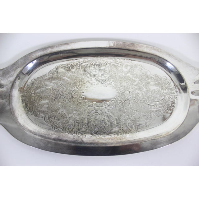 Metal Small Vintage Silver Plated Oval Tray With Floral Detail, Vintage Plate, Trinket Dish, Embossed, Etched Engraved Patina Serving Dish For Sale - Image 7 of 7