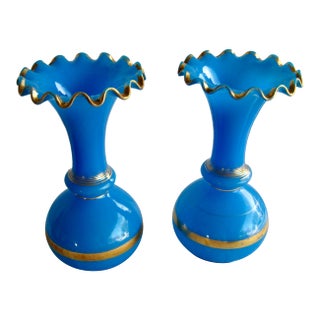 Mid 19th Century Pair of French Napoleon III Bleu Opaline Vases For Sale