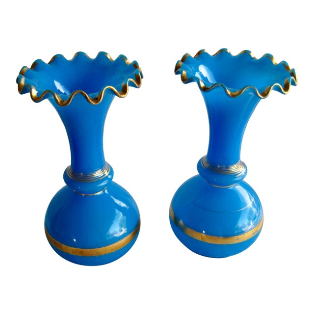 Mid 19th Century Pair of French Napoleon III Bleu Opaline Vases For Sale