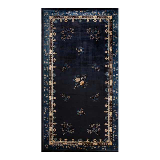 1920s Black Background Color With Floral Design Antique Chinese Peking Rug For Sale