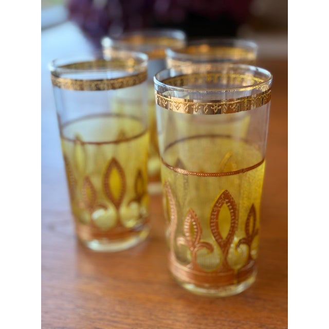 1970s Yellow 22k Gold Signed Culver Glassware Set of 4 Highball For Sale - Image 9 of 10