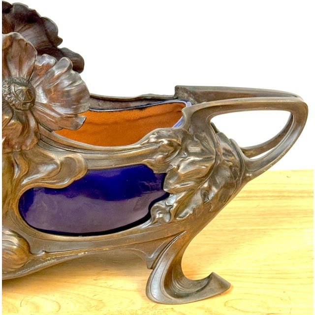 Large French Art Nouveau “Femme-Fleur” Bronze & Cobalt Porcelain Centerpiece For Sale - Image 4 of 12