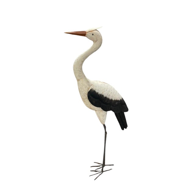Vintage Hand-Painted Sheet Metal Crane Garden Sculpture For Sale In West Palm - Image 6 of 12