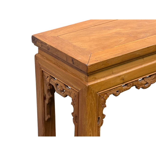 Vintage Oriental Light Brown Dragon Motif Apron Wood Bench Table For Sale - Image 9 of 13