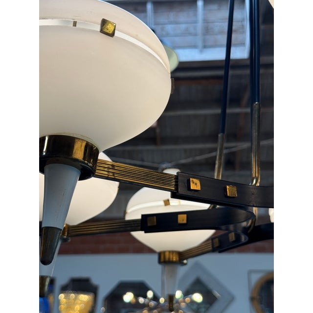 Mid-Century Modern Stilnovo Opaline Glass Chandelier With Brass & Black Accents 1950's For Sale - Image 3 of 8