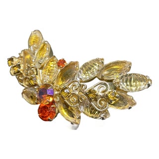 MCM Jewelry by Juliana DeLizza & Elster Style Molded Leaf Navette and Ab Chaton Gold-Tone Brooch Pristine Condition For Sale