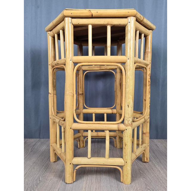Hollywood Regency Palm Beach Style Hexagon Bamboo, Rattan & Wicker Top Side End Table For Sale - Image 3 of 12