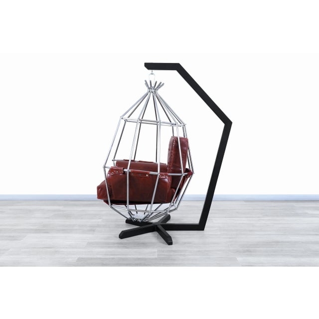 1970s Mid-Century Modern Swedish Leather "Perrot Cage" Swing Chair by Ib Arberg For Sale - Image 5 of 11