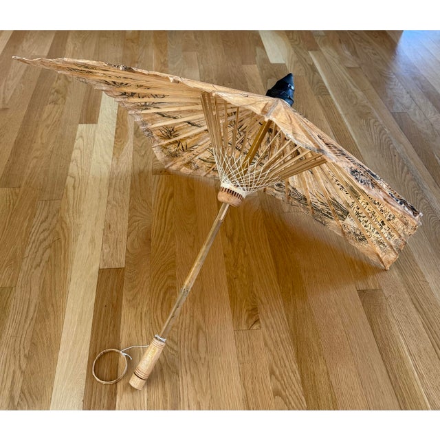 Black Vintage Japanese Hand Painted Bamboo and Paper Parasol For Sale - Image 8 of 12