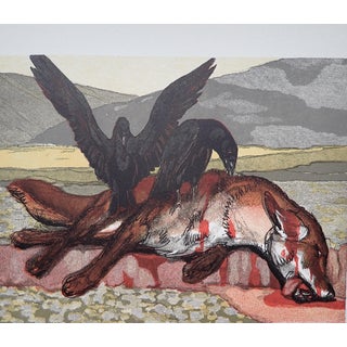 Paul Jouve, The Crows and the Fox on the Ground, Wood Engraving For Sale