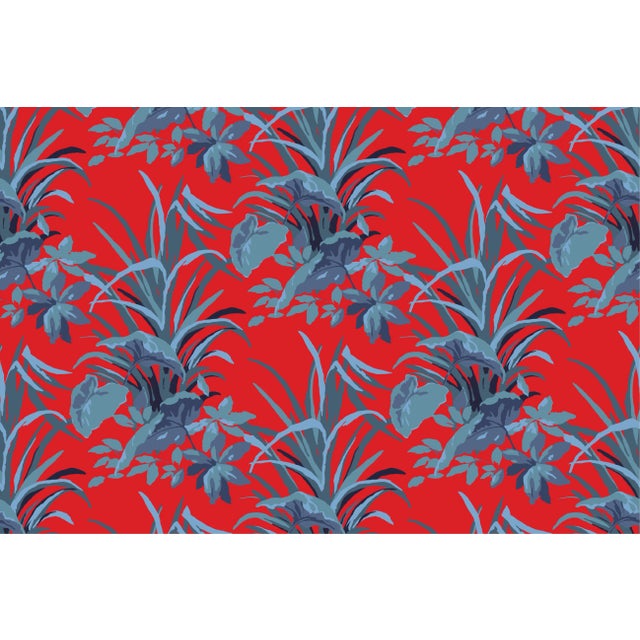 A 9.5" x 9.5" sample of Jungle Road Deep Red Care Instructions: Pure Solvants Dry Cleaning