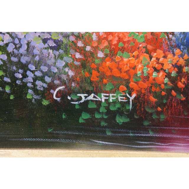 Late 20th Century C. Jaffey Cottage Garden Stream Landscape Oil Painting on Canvas 31" For Sale - Image 6 of 12