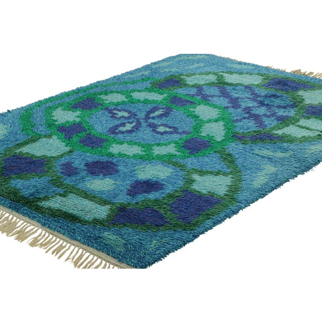 Traditional Vintage Swedish Rya Rug in Blue and Green With Geometric Pattern | Rug & Kilim For Sale - Image 3 of 8