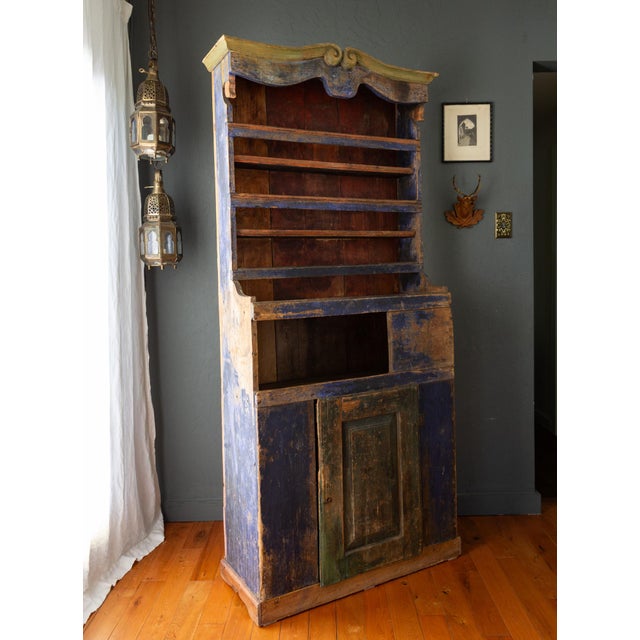 Late 19th Century Rustic Blue Painted 19th Century Romanian Step Back Cupboard Cabinet For Sale - Image 5 of 18